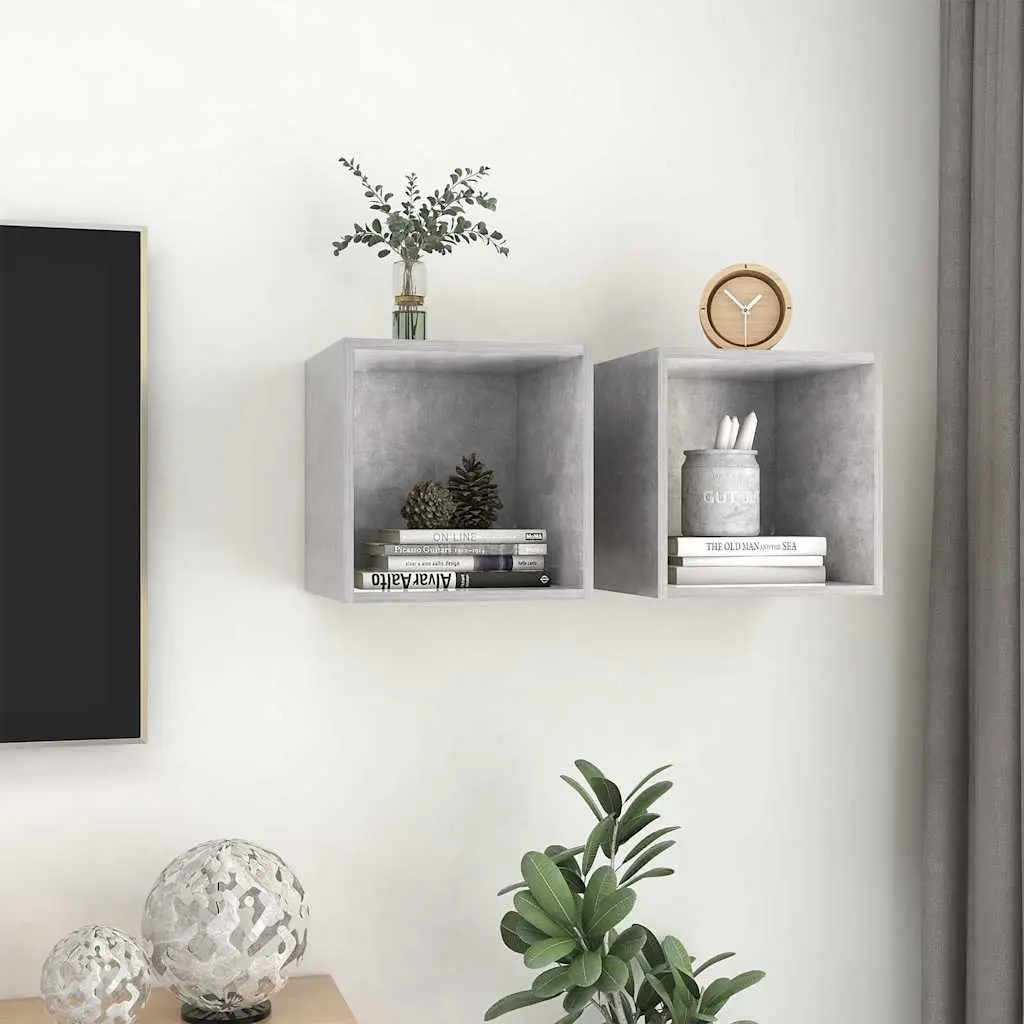 Wall Cabinet Engineered Wood Grey 37x37x37 cm Floating Shelf Storage Unit Pair