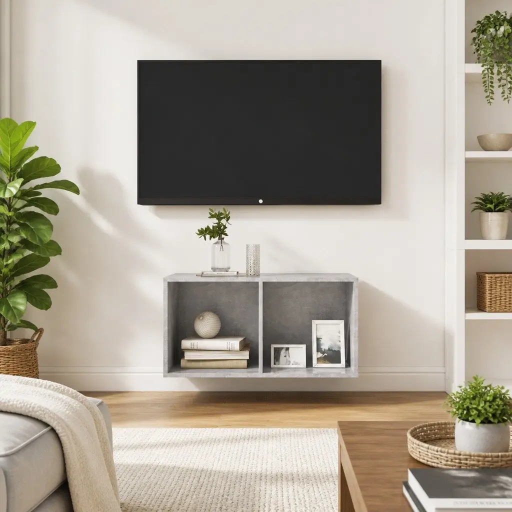 Wall-mounted TV Cabinet Grey Concrete Engineered Wood Storage Unit Display