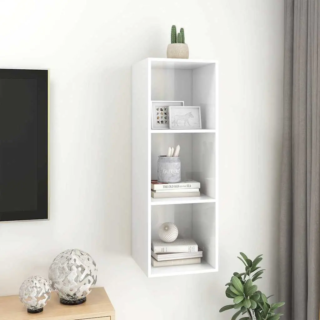 Wall-mounted TV Cabinet High Gloss White Storage Unit 3 Compartments Display