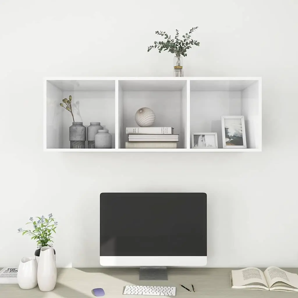 Wall-mounted TV Cabinet High Gloss White Storage Unit 3 Compartments Display
