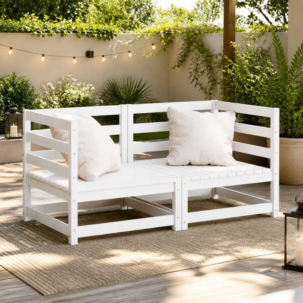 Outdoor Corner Sofa Solid Pinewood 2 Piece Set White Modular Garden Patio Seating