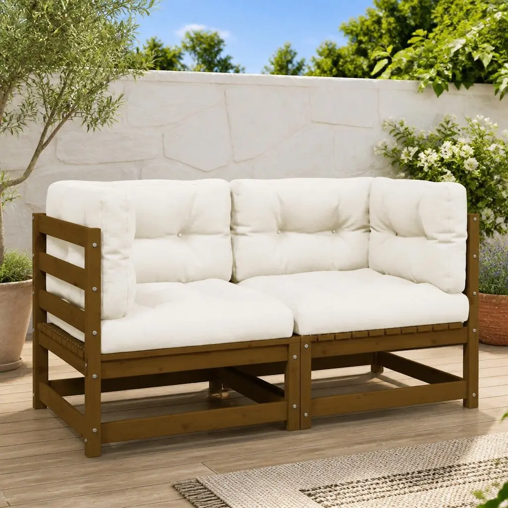 Outdoor Sofa Solid Pinewood Modular 2-Seater Brown with Cushions
