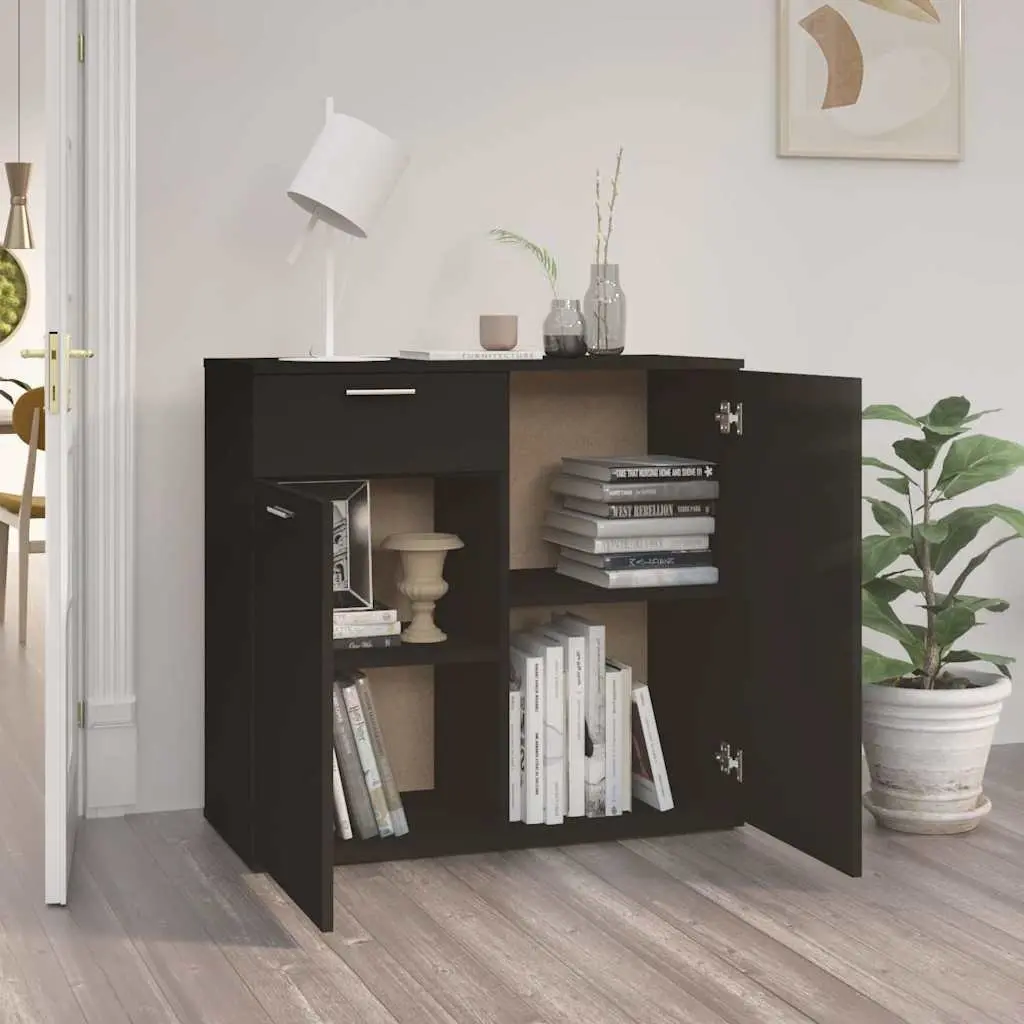 Sideboard Cabinet Engineered Wood 80 x 36 x 75 cm Black Storage Furniture with 2 Doors and Drawer