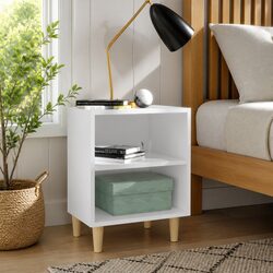 Bedside Table White Storage Cabinet Nightstand Wooden Legs Two Shelves