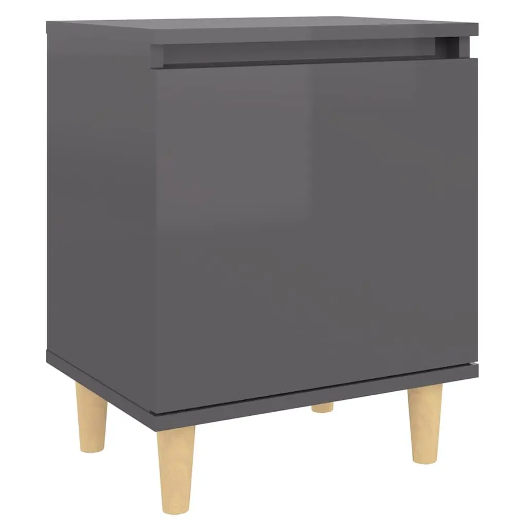 Grey Nightstand Cabinet Wooden Legs Storage Compartment High Gloss Scandinavian Style 40x30x50cm