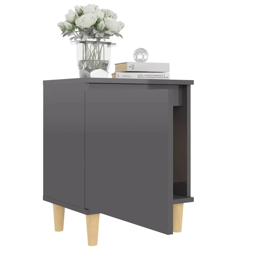 Grey Nightstand Cabinet Wooden Legs Storage Compartment High Gloss Scandinavian Style 40x30x50cm