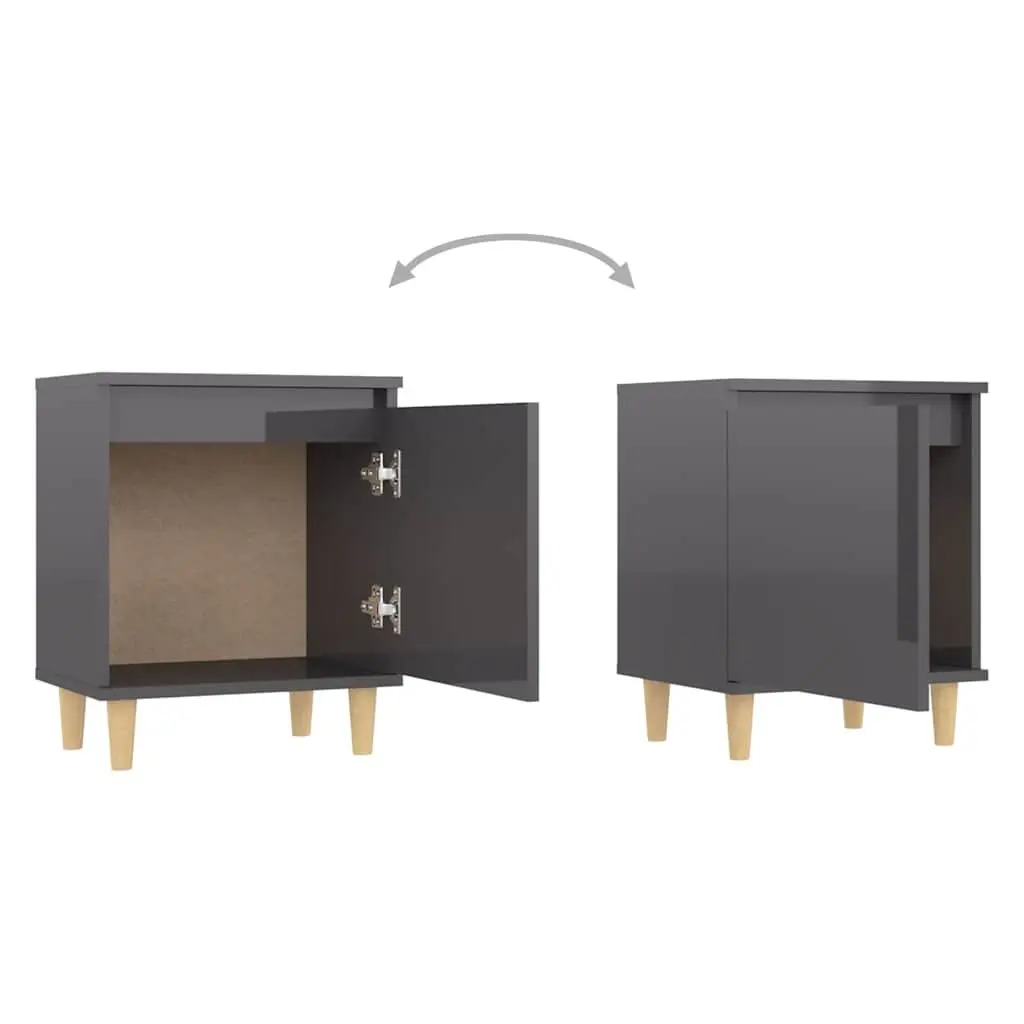 Grey Nightstand Cabinet Wooden Legs Storage Compartment High Gloss Scandinavian Style 40x30x50cm