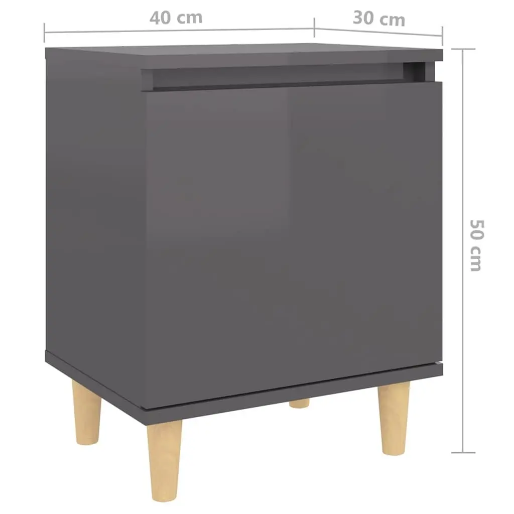 Grey Nightstand Cabinet Wooden Legs Storage Compartment High Gloss Scandinavian Style 40x30x50cm