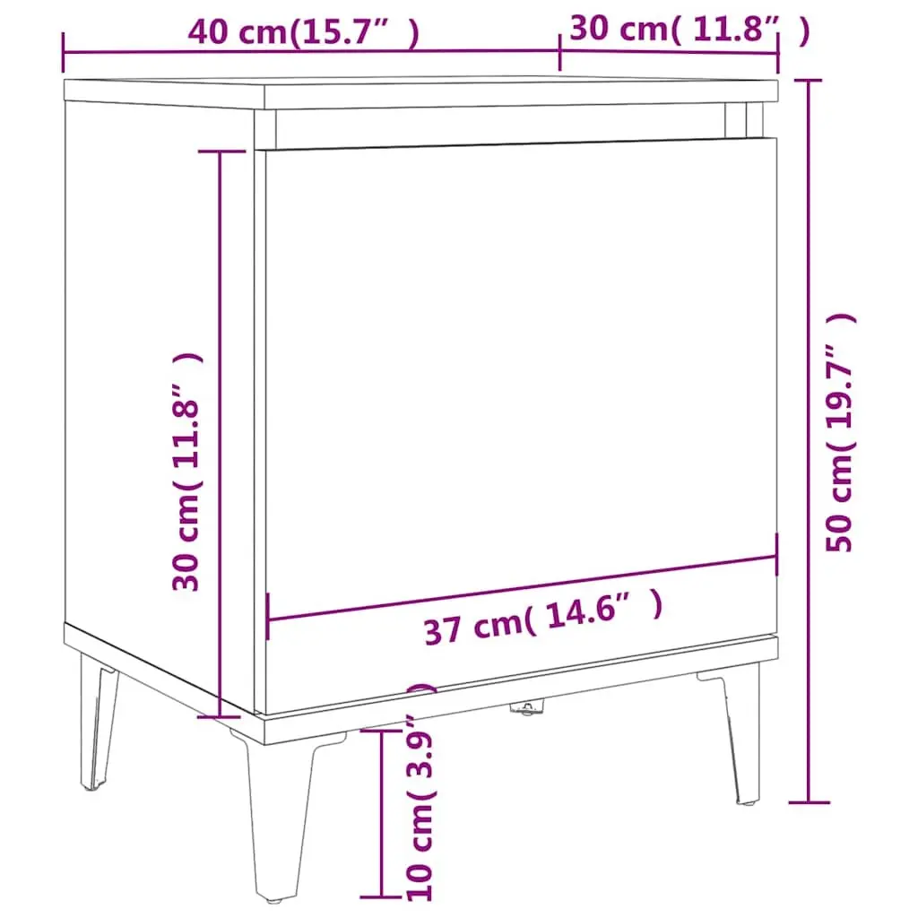 White Nightstand with Storage Compartment Metal Legs 40x30x50cm