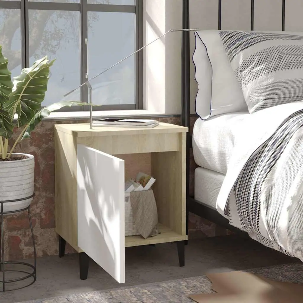 Bedside Table Bed Cabinet Metal Legs Sonoma Oak and White Nightstand Storage