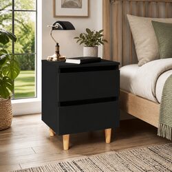 Bedside Table Black 2-Piece Set with Drawers Storage Cabinet Nightstand