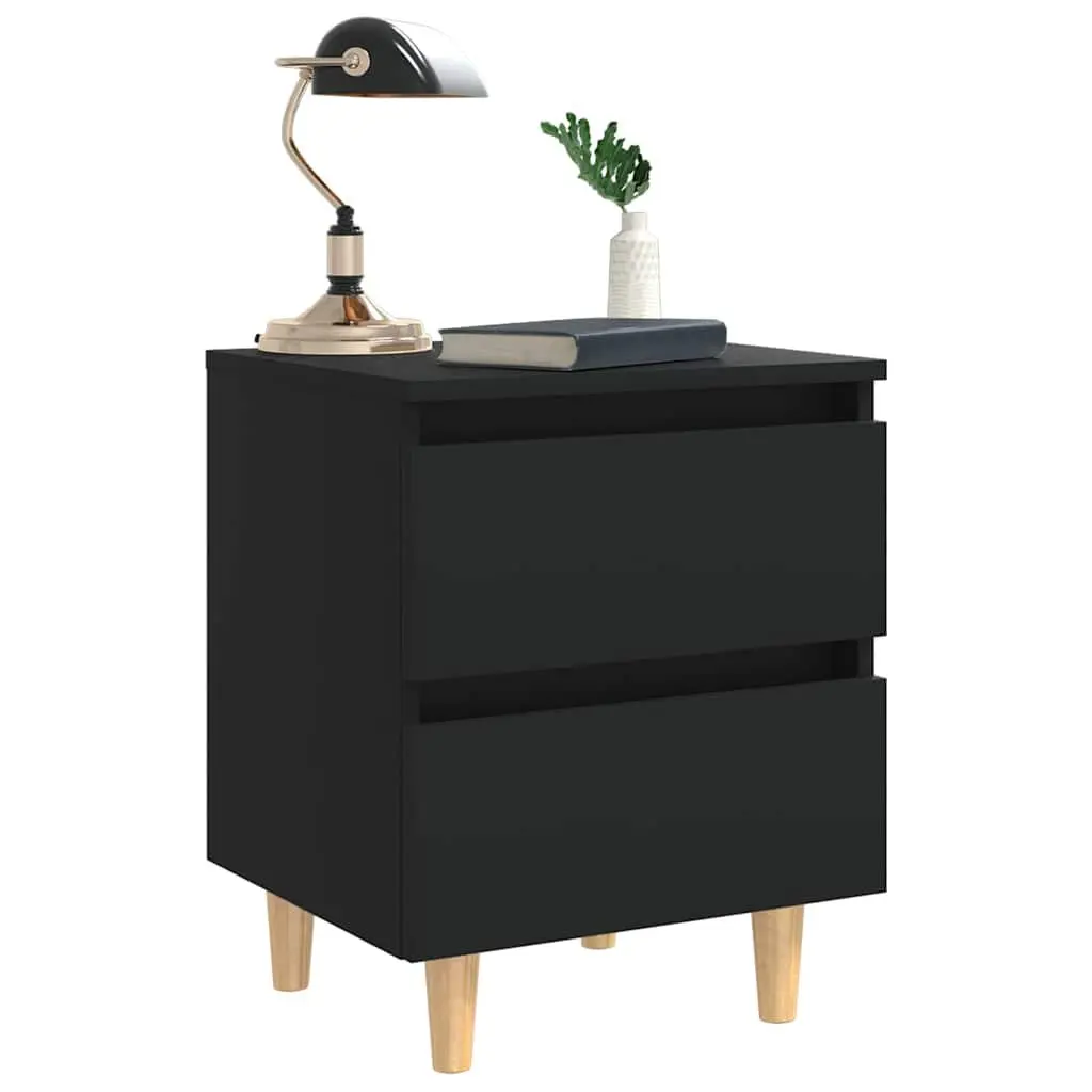 Black Nightstand Set of Two with Two Drawers Pinewood Bedside Tables for Bedroom Storage