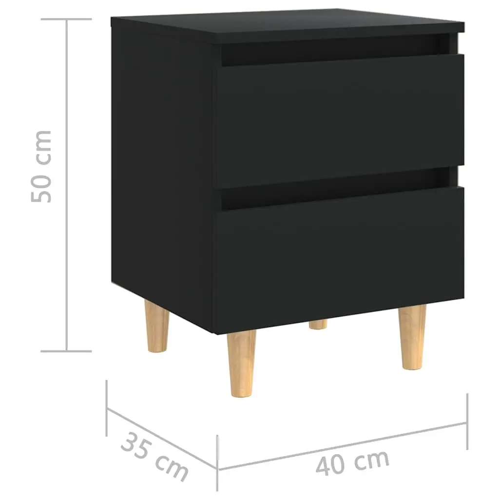 Black Nightstand Set of Two with Two Drawers Pinewood Bedside Tables for Bedroom Storage