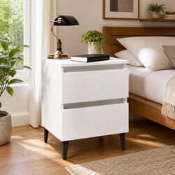 Bedside Table 2 pcs White Nightstand Bedroom Cabinet Storage Drawers Metal Legs
