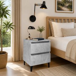Bedside Table Cabinet Grey Concrete Engineered Wood Two Drawers Storage