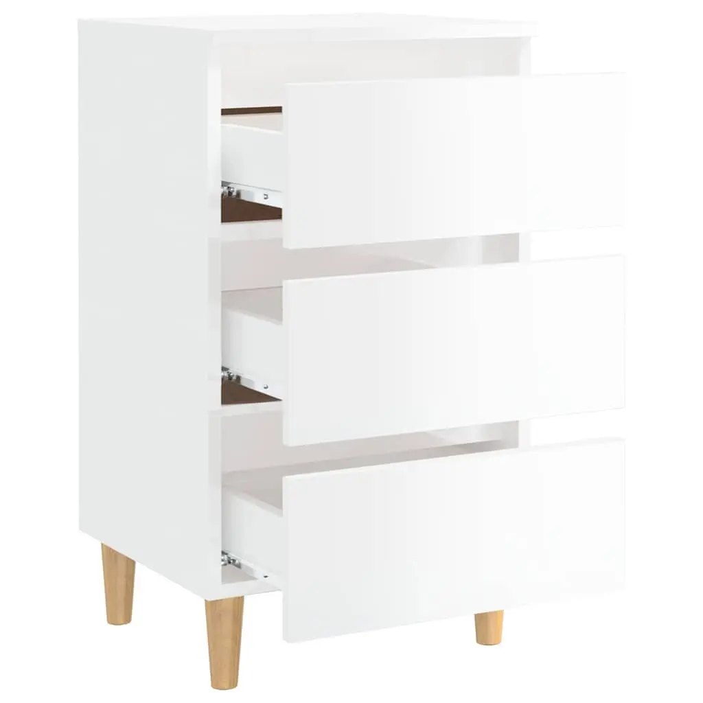 Bedside Tables High Gloss White Wooden Legs 2 Piece Nightstand