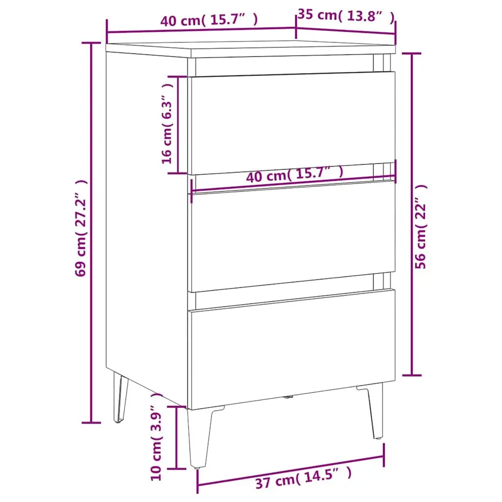 Nightstand Set White Metal Legs 40x35x69cm 2 Piece Storage Cabinet