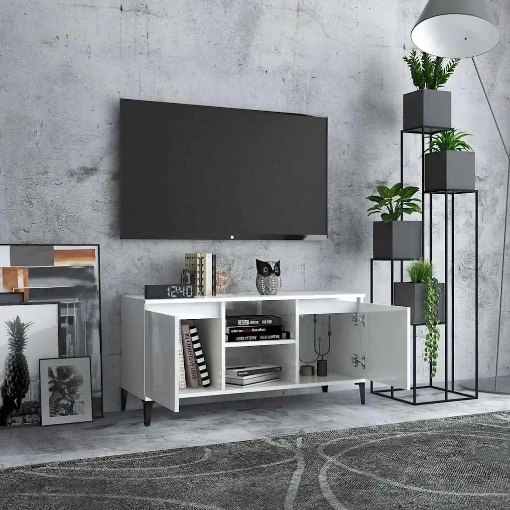 TV Cabinet High Gloss White Metal Legs Storage Shelf Unit 103.5 x 35 x 50 cm