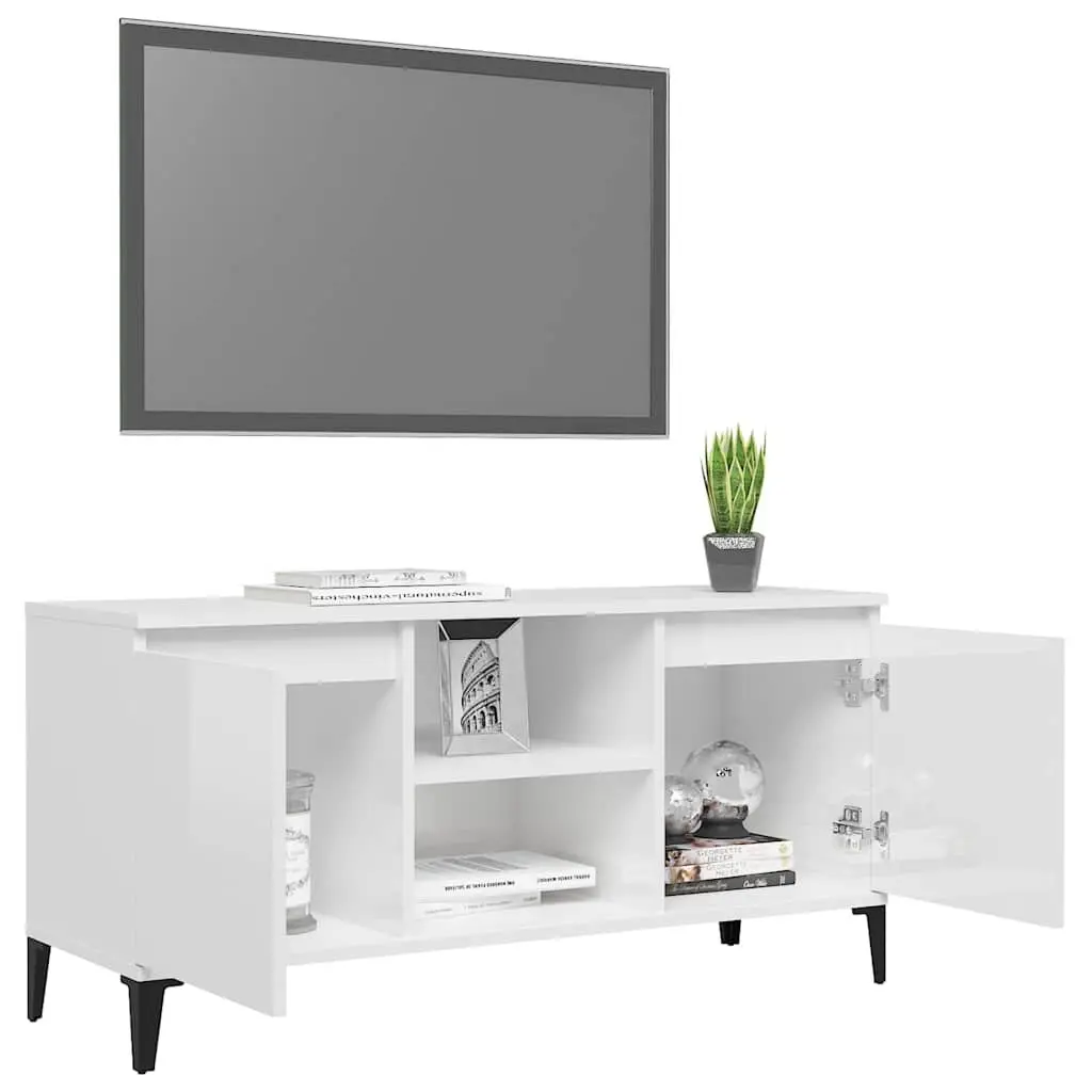 TV Cabinet High Gloss White Metal Legs Storage Shelf Unit 103.5 x 35 x 50 cm