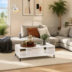Coffee Table White High Gloss Storage Compartment Shelves Living Room Furniture
