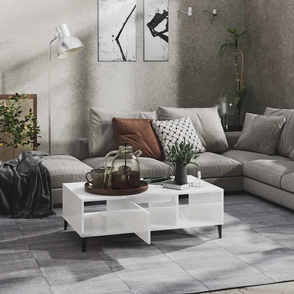 Coffee Table Engineered Wood White High Gloss 103.5 x 60 x 35 cm with Storage Compartment and Metal Legs