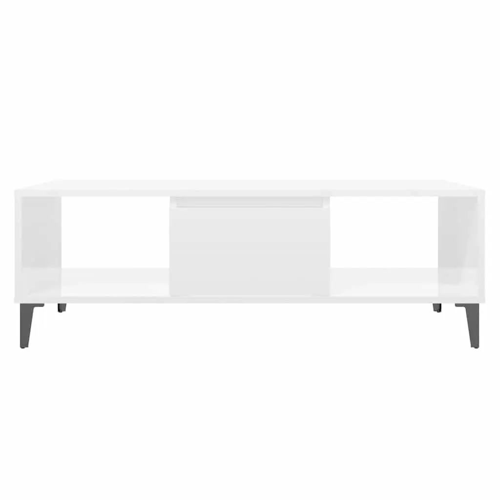 Coffee Table Engineered Wood White High Gloss 103.5 x 60 x 35 cm with Storage Compartment and Metal Legs