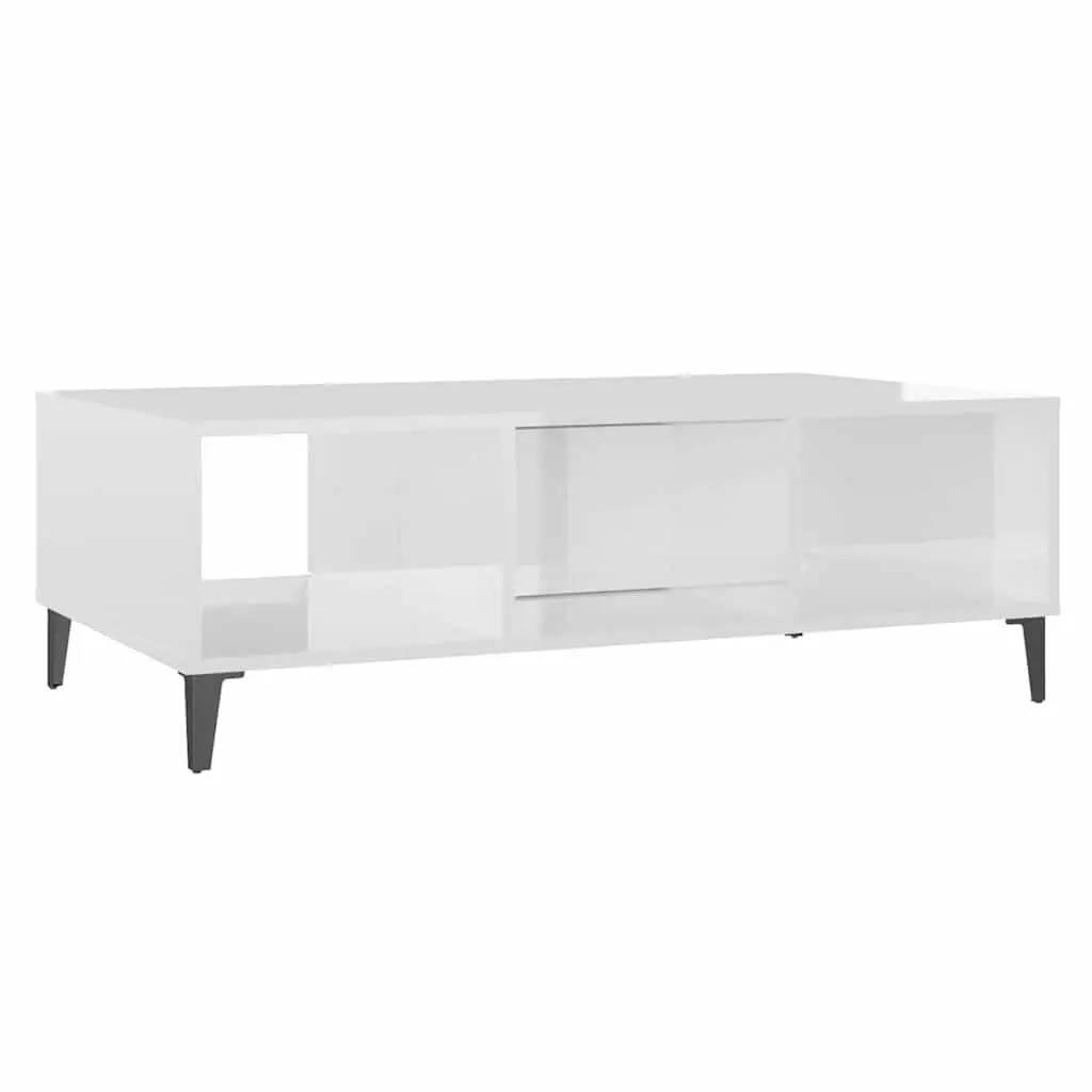 Coffee Table Engineered Wood White High Gloss 103.5 x 60 x 35 cm with Storage Compartment and Metal Legs