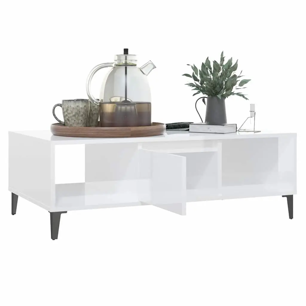 Coffee Table Engineered Wood White High Gloss 103.5 x 60 x 35 cm with Storage Compartment and Metal Legs