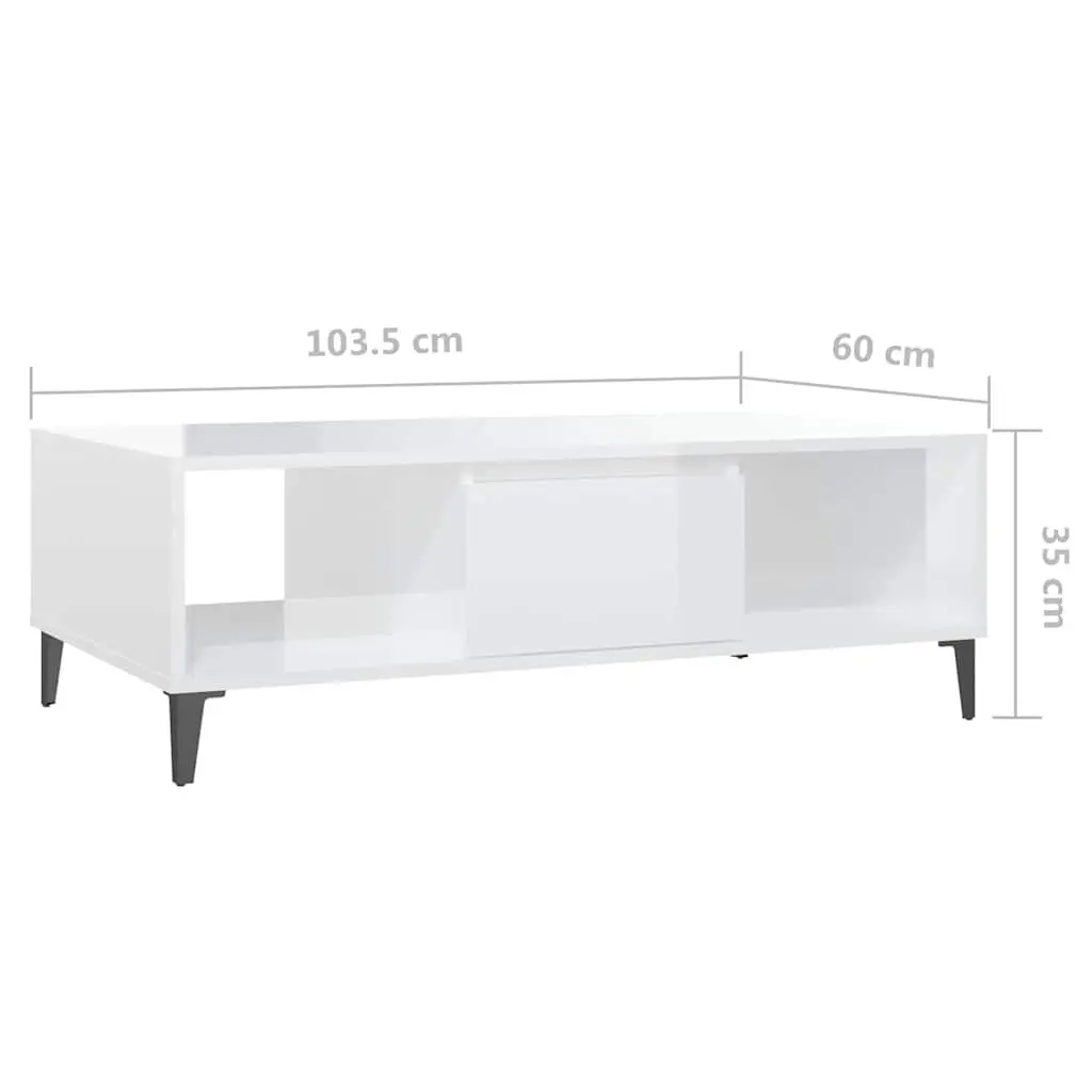 Coffee Table Engineered Wood White High Gloss 103.5 x 60 x 35 cm with Storage Compartment and Metal Legs