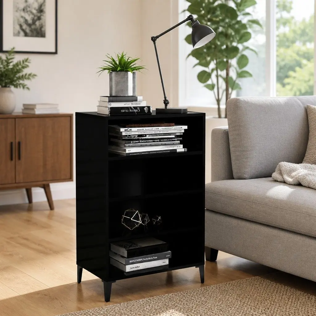 Sideboard Cabinet Engineered Wood 57x35x90cm Black 4 Shelves Living Room Storage