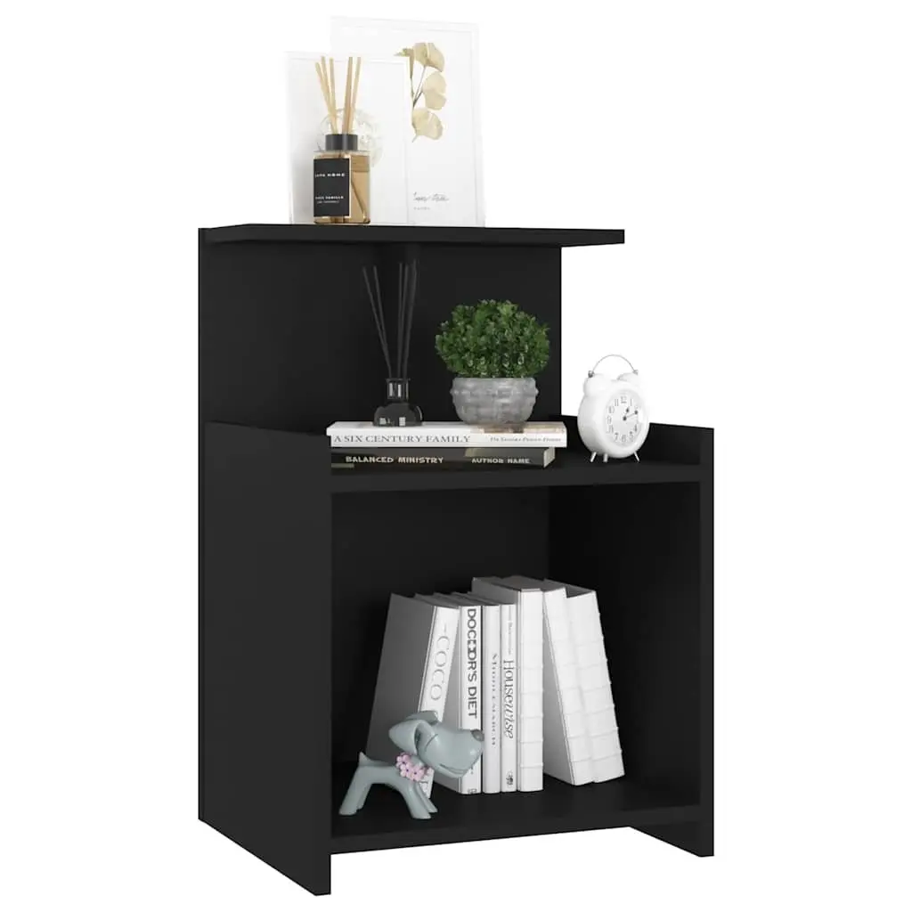 Black Nightstand Set of 2 Engineered Wood Bedside Tables with Open Shelves 40x35x60cm Storage Cabinet