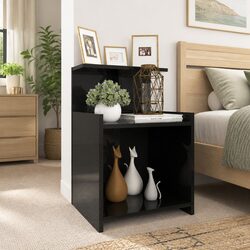 Bedside Table Black High Gloss 3 Open Shelves Nightstand Storage Cabinet