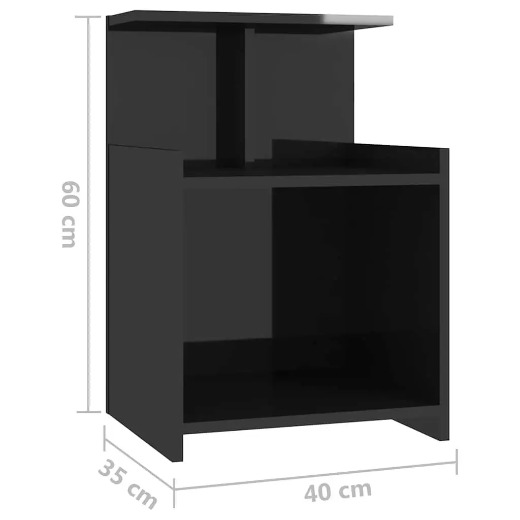 Bedside Table Engineered Wood 40cm Black High Gloss 3 Open Shelves Nightstand Storage Cabinet