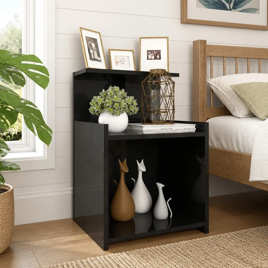 Bedside Tables Black High Gloss Engineered Wood 2 Piece Nightstand Set 3 Open Shelves