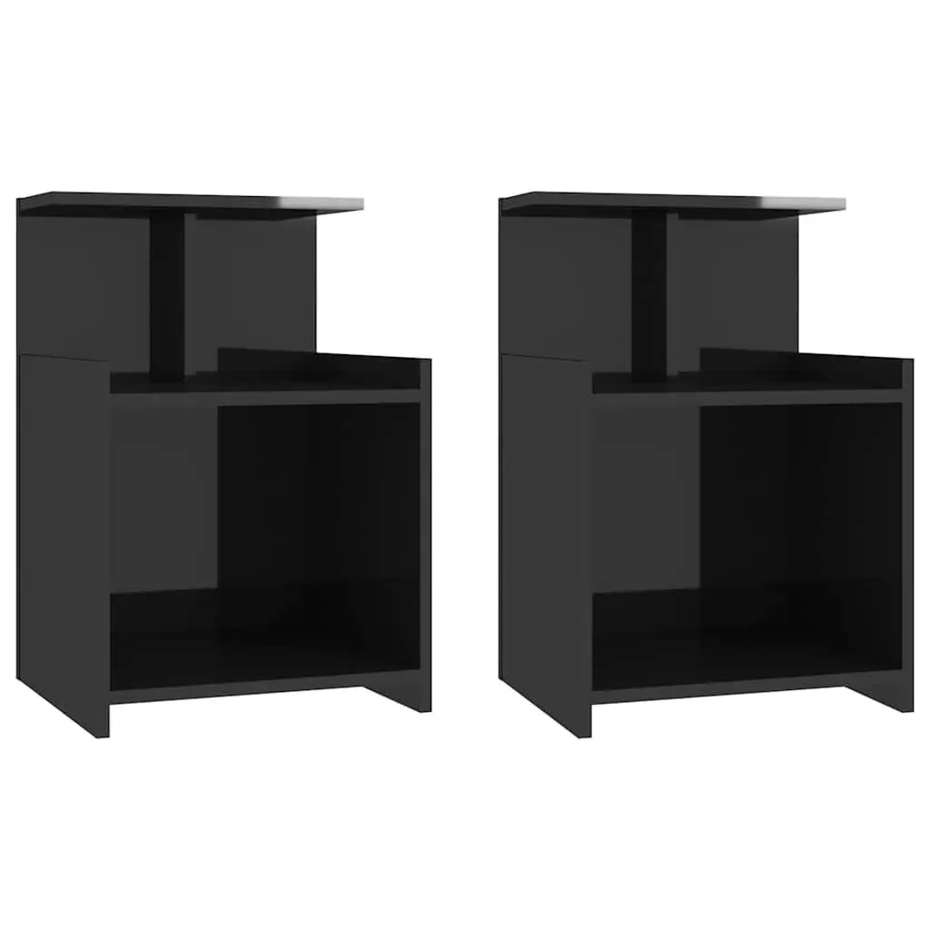 Bedside Tables Black High Gloss Engineered Wood 2 Piece Nightstand Set 3 Open Shelves