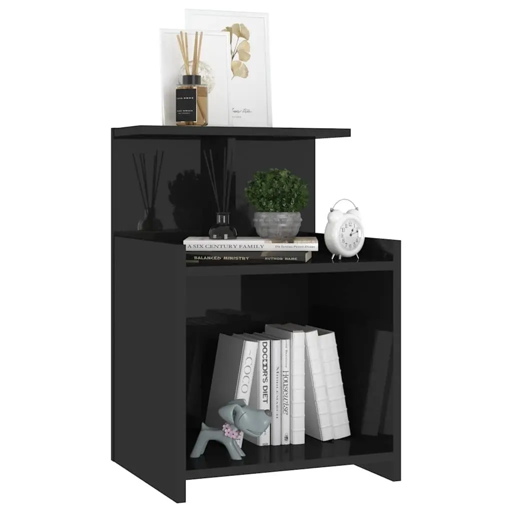 Bedside Tables Black High Gloss Engineered Wood 2 Piece Nightstand Set 3 Open Shelves