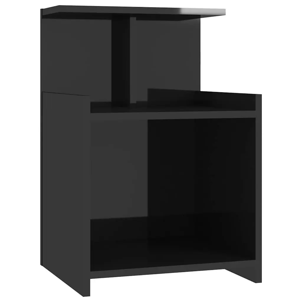Bedside Tables Black High Gloss Engineered Wood 2 Piece Nightstand Set 3 Open Shelves