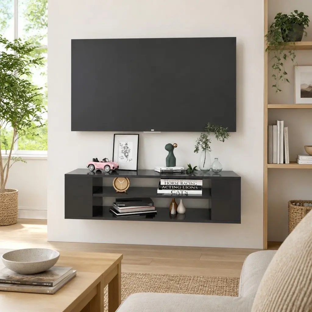Hanging TV Cabinet Engineered Wood 100 x 30 x 26.5 cm Grey Wall-Mounted Storage Unit Open Compartments