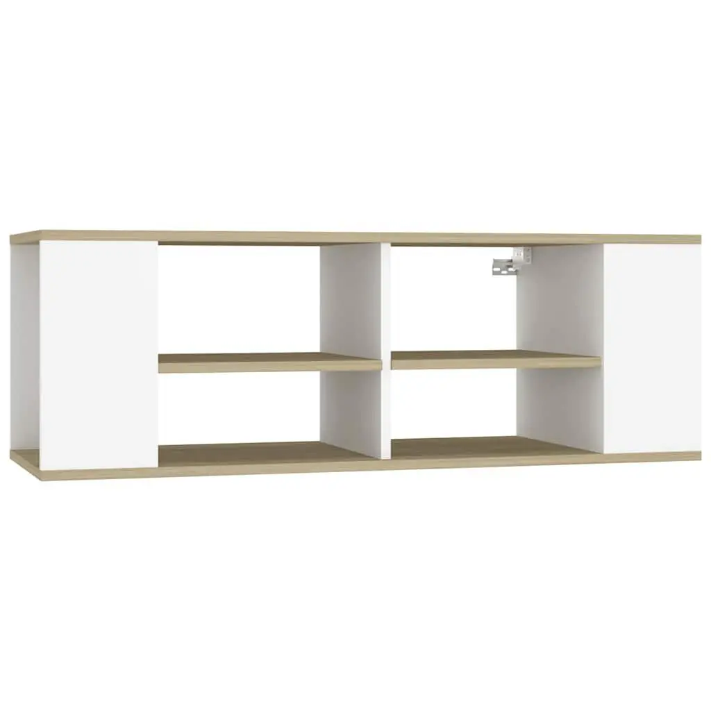 Wall Mounted Media Unit Engineered Wood 102cm White with Sonoma Oak Adjustable Storage Shelves for Living Room