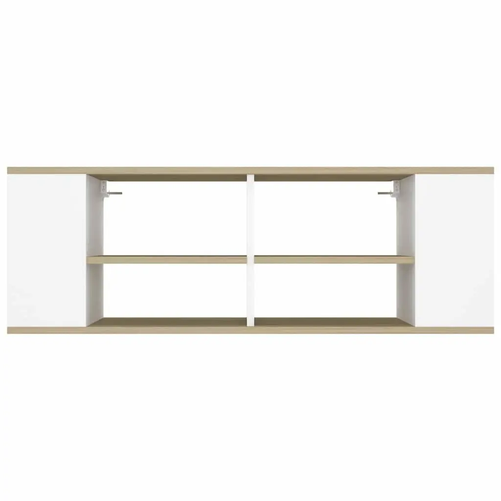 Wall Mounted Media Unit Engineered Wood 102cm White with Sonoma Oak Adjustable Storage Shelves for Living Room
