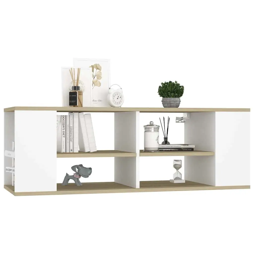 Wall Mounted Media Unit Engineered Wood 102cm White with Sonoma Oak Adjustable Storage Shelves for Living Room