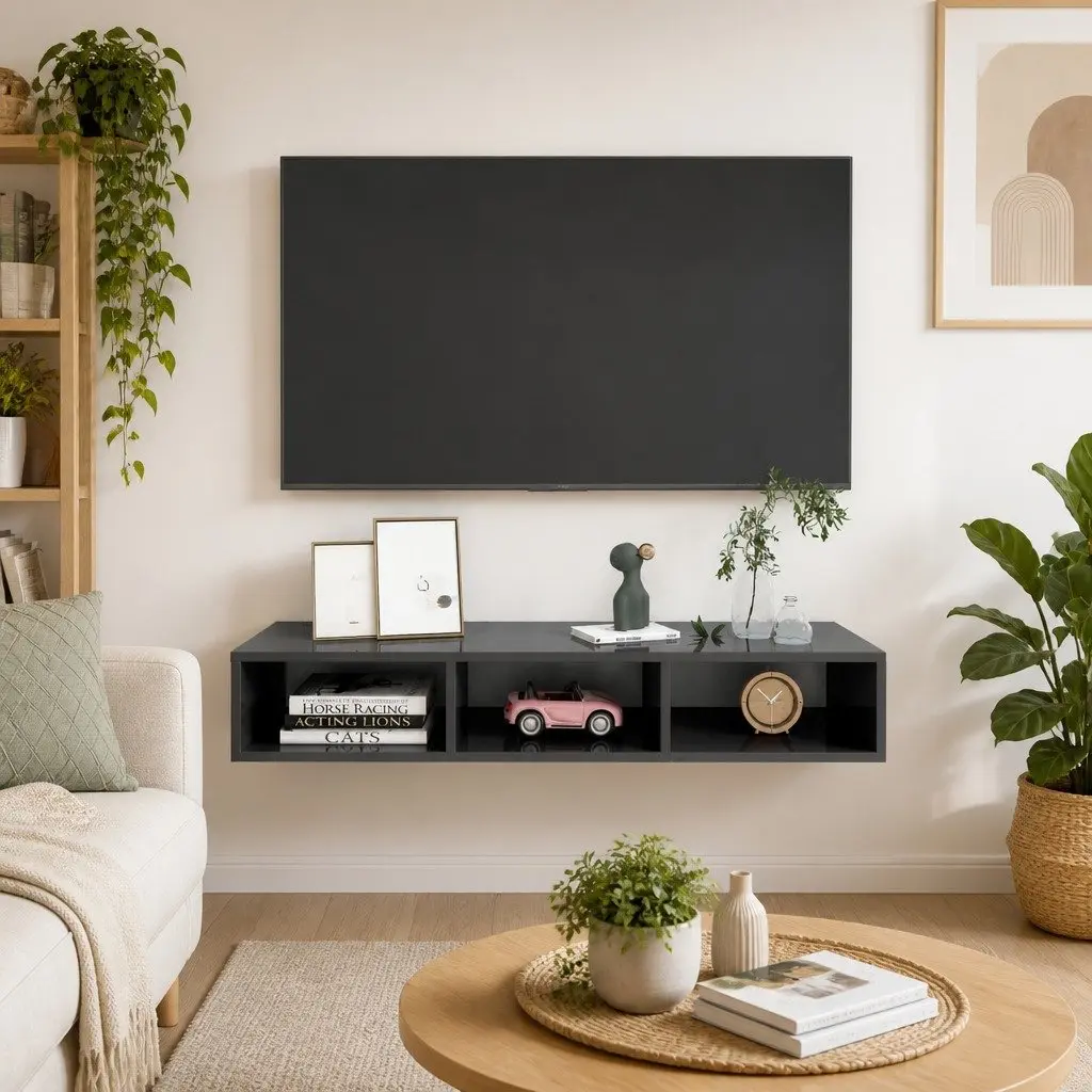 Wall Shelf Engineered Wood Grey High Gloss 102 x 30 x 17 cm 3 Compartments Floating Cabinet Storage Organiser