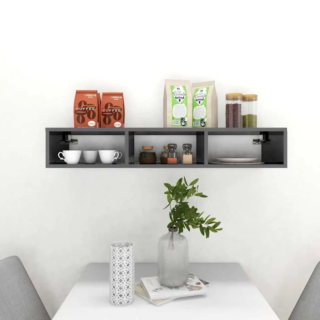 Wall Shelf Engineered Wood Grey High Gloss 102 x 30 x 17 cm 3 Compartments Floating Cabinet Storage Organiser