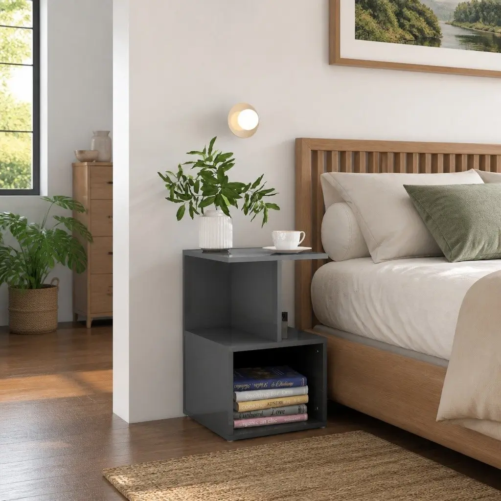 Bedside Table Engineered Wood Grey 35 x 35 x 55 cm High Gloss Open Compartments Storage Nightstand