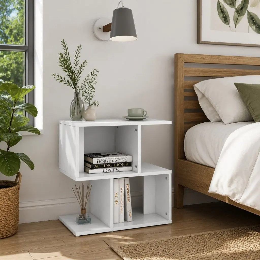 Bedside Cabinet Set 2 Piece Engineered Wood Open Compartment Storage White Nightstand Table