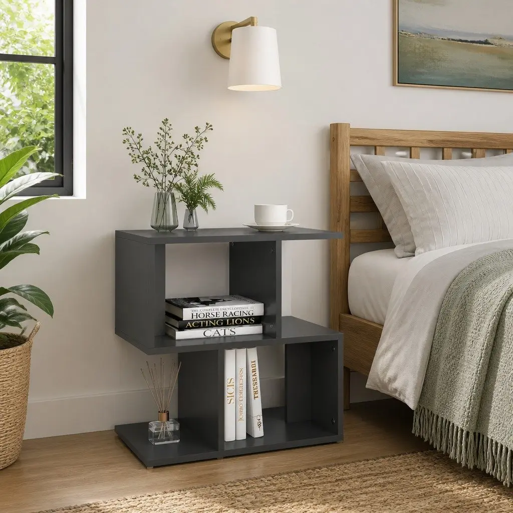 Grey Bedside Cabinet Set Engineered Wood 50Wx30Dx51.5H cm Open Compartments Storage 2 Pieces