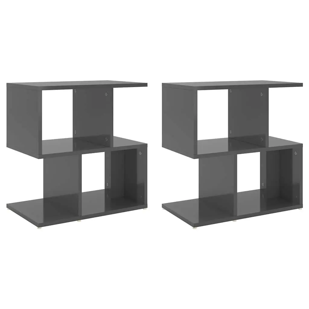 Bedside Cabinet Set 2 pcs Grey High Gloss Storage Nightstand Open Compartments