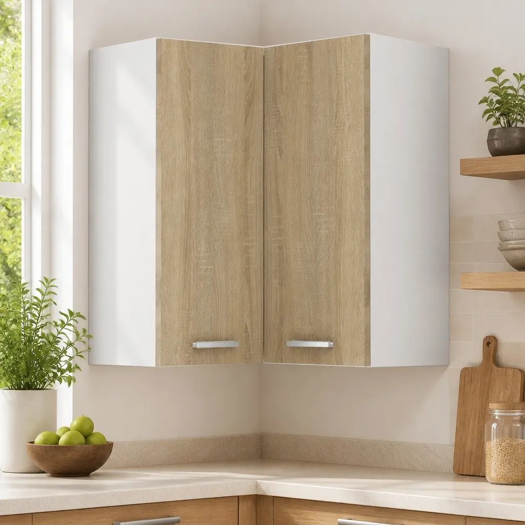 Hanging Corner Kitchen Cabinet Storage with Two Shelves Doors Brown