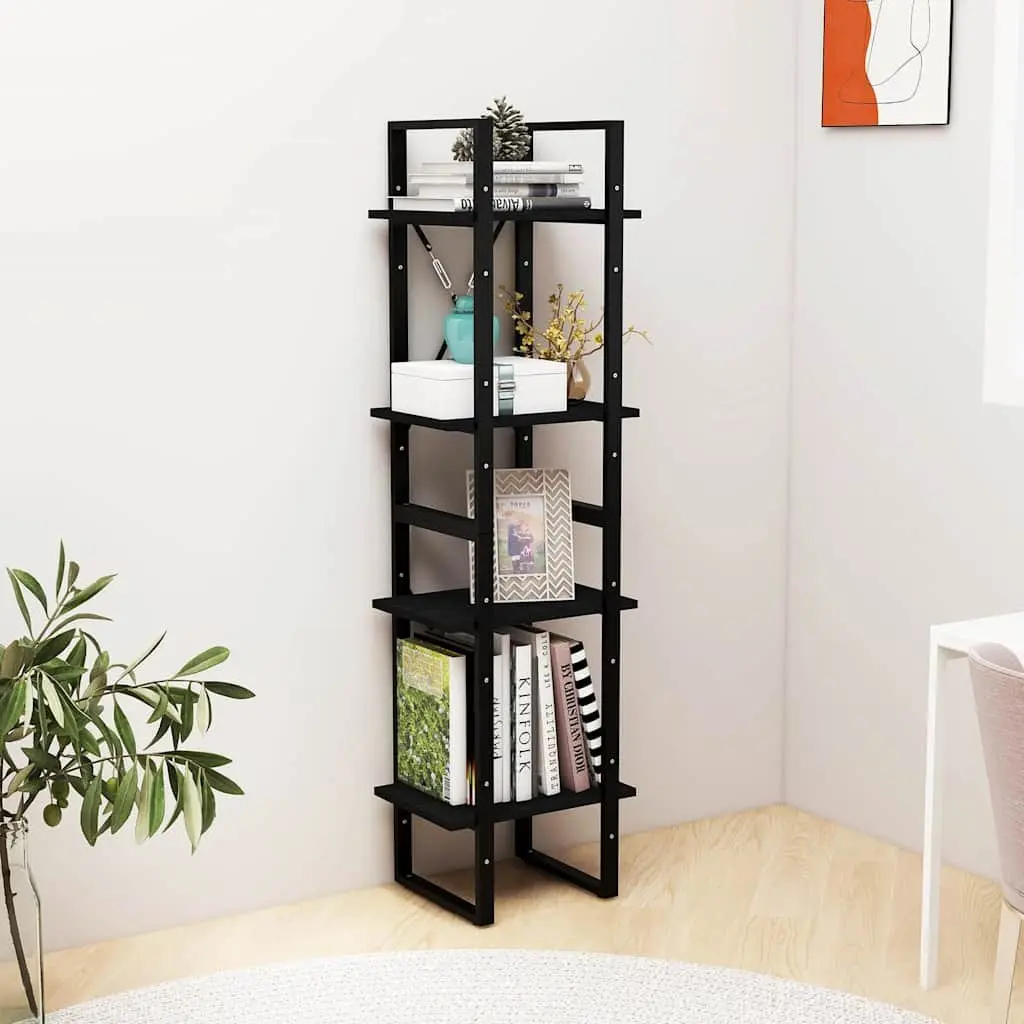 4-Tier Book Cabinet Solid Pine Wood 40x30x140 cm Black Bookshelf Storage