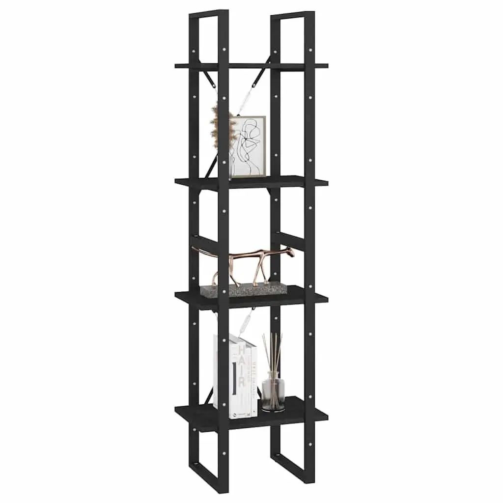 4-Tier Book Cabinet Solid Pine Wood 40x30x140 cm Black Bookshelf Storage